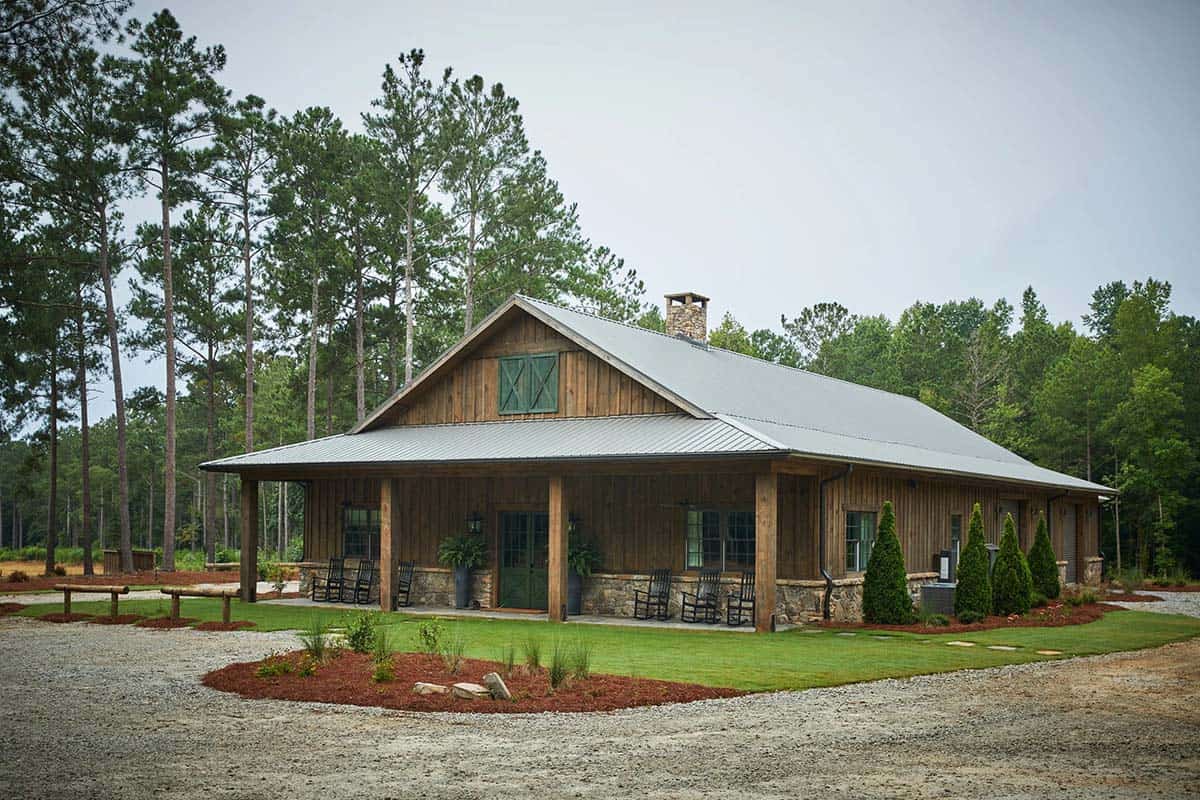 rustic modern barn house exterior with a green door