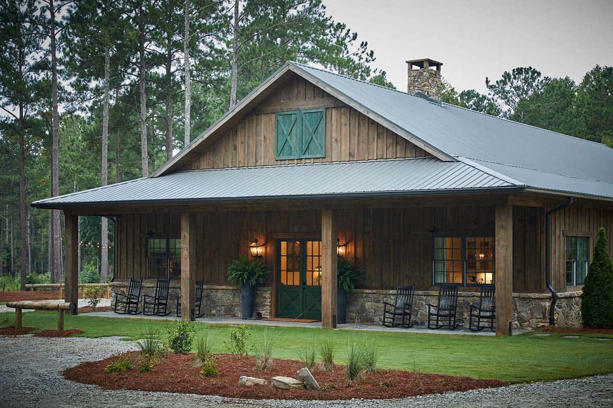 rustic modern barn house exterior with a green door