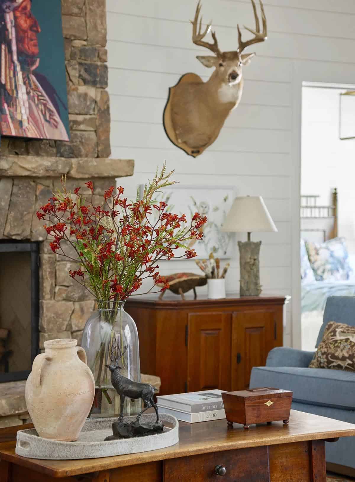 rustic modern living room with a fireplace