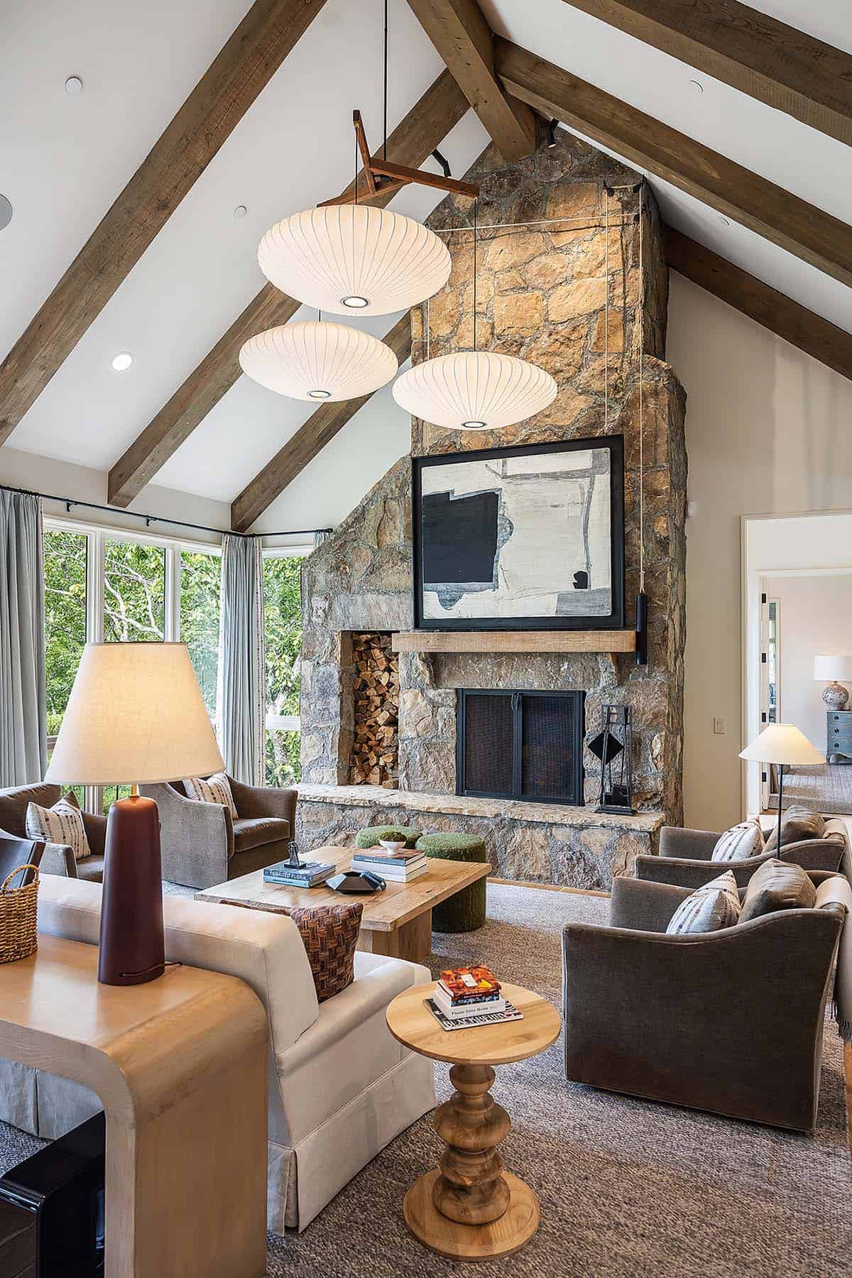 rustic modern living room with a fireplace