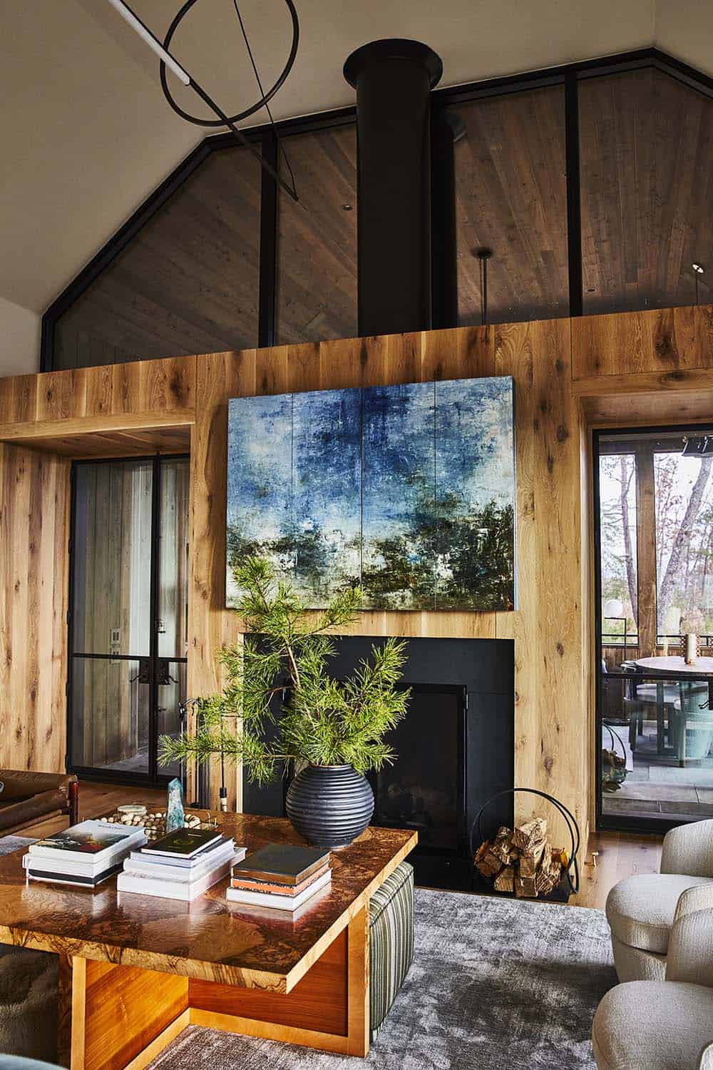 rustic modern living room with a fireplace