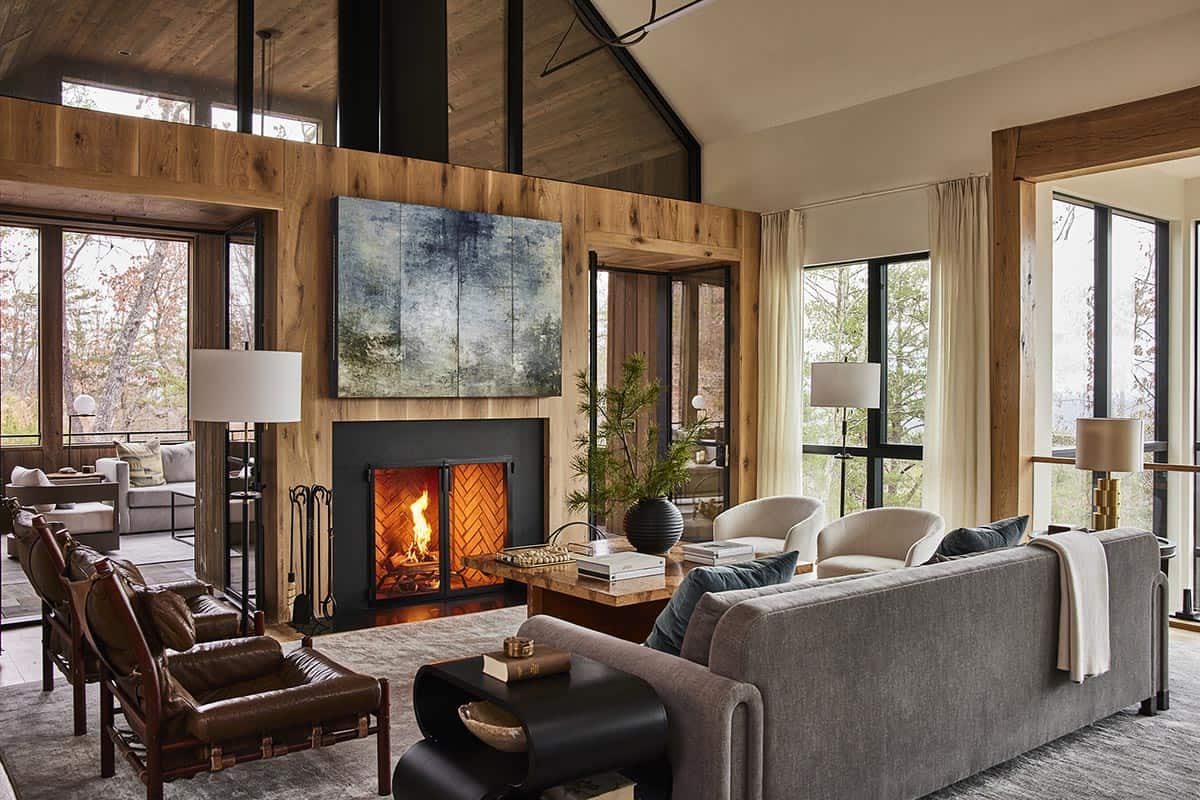 rustic modern living room with a fireplace