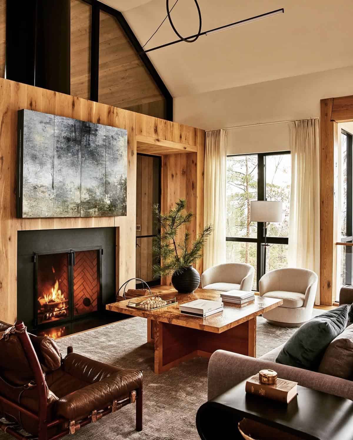 rustic modern living room with a fireplace