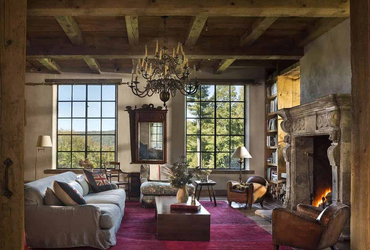 rustic living room with a fireplace