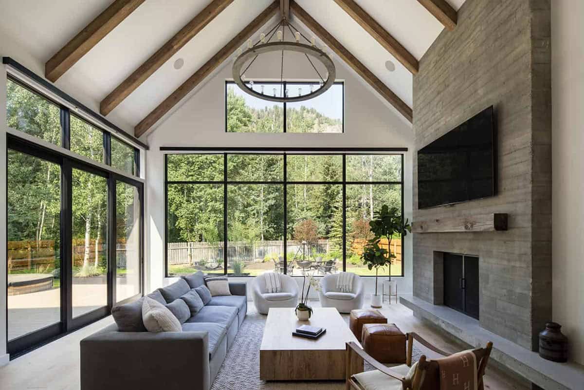modern family room with 25-foot vaulted ceilings