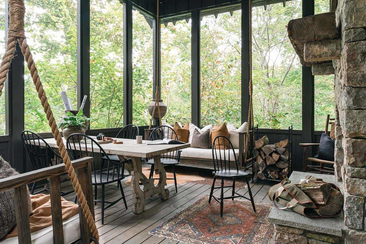 farmhouse style screened porch overlooking the river
