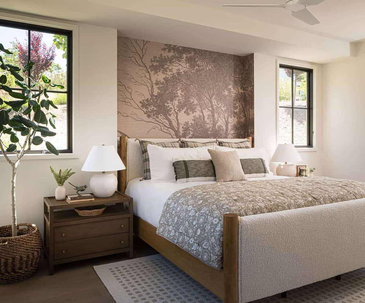 contemporary bedroom with a wallpaper accent wall