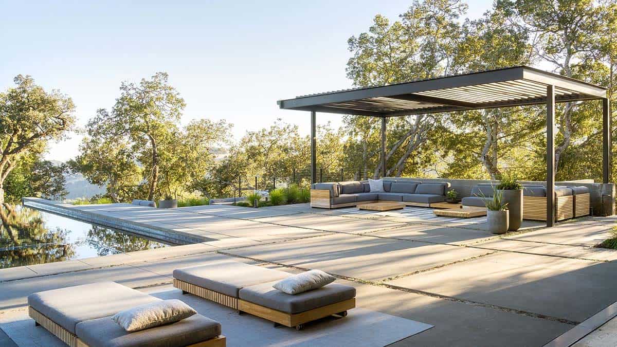 modern patio with chaise lounges