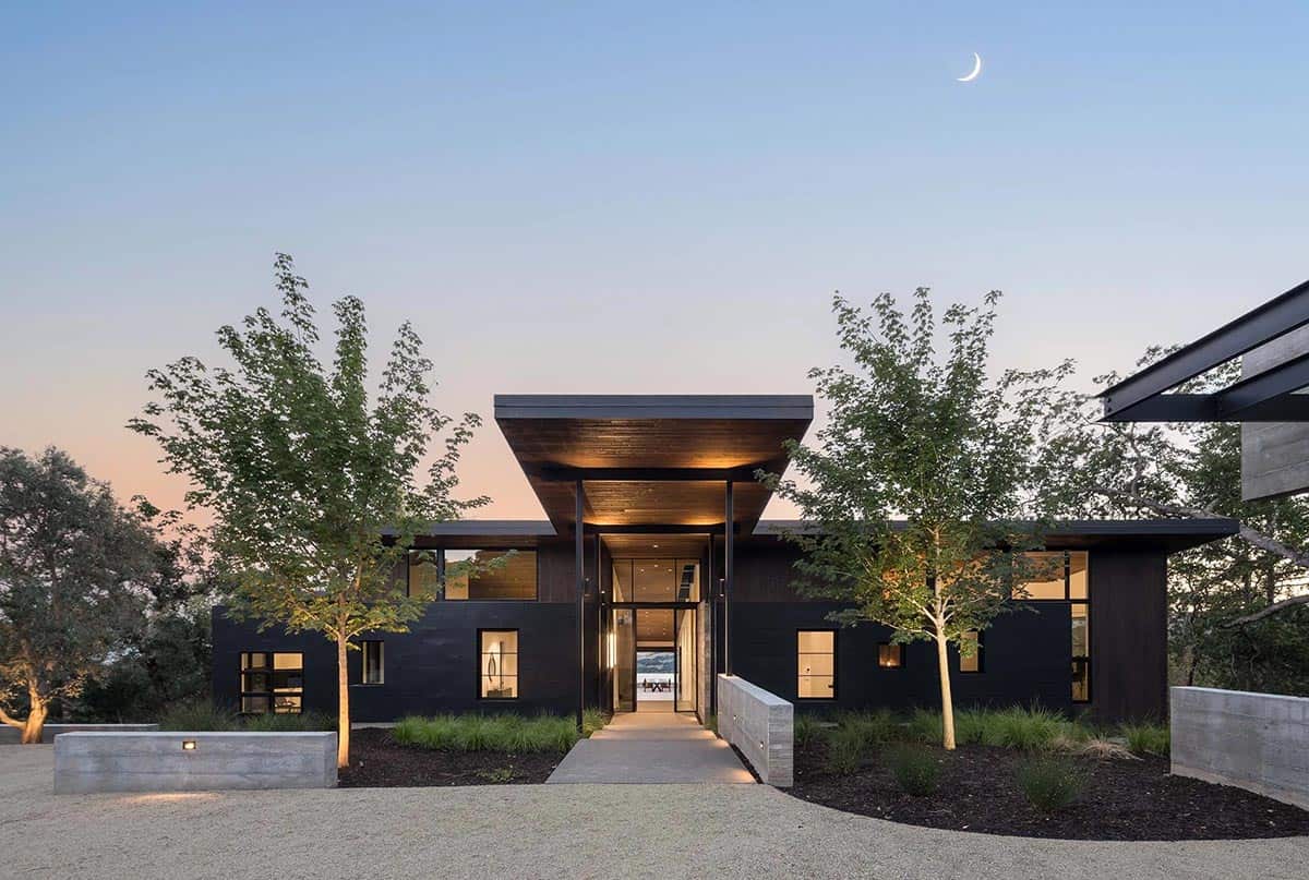 modern home exterior at dusk