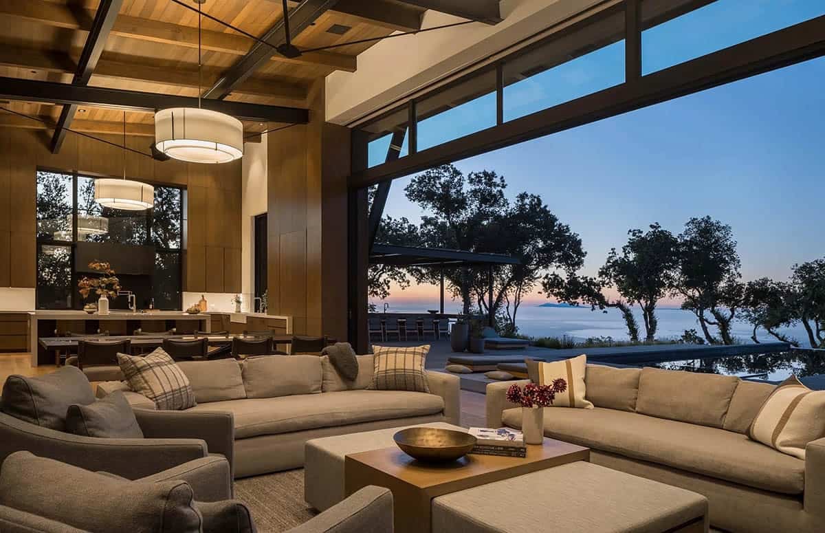 modern great room at dusk