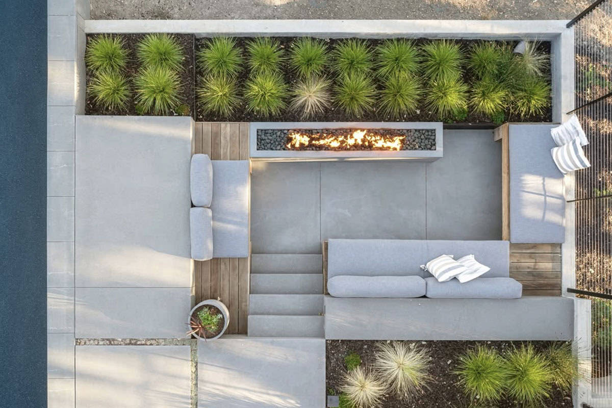 modern patio and fire pit overhead view