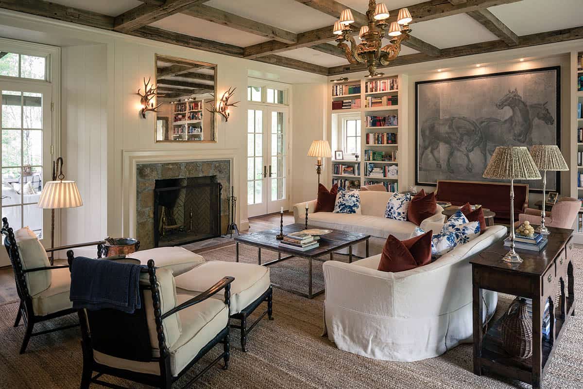 farmhouse style living room with a fireplace