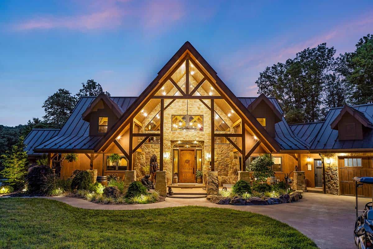 timber frame house exterior at dusk