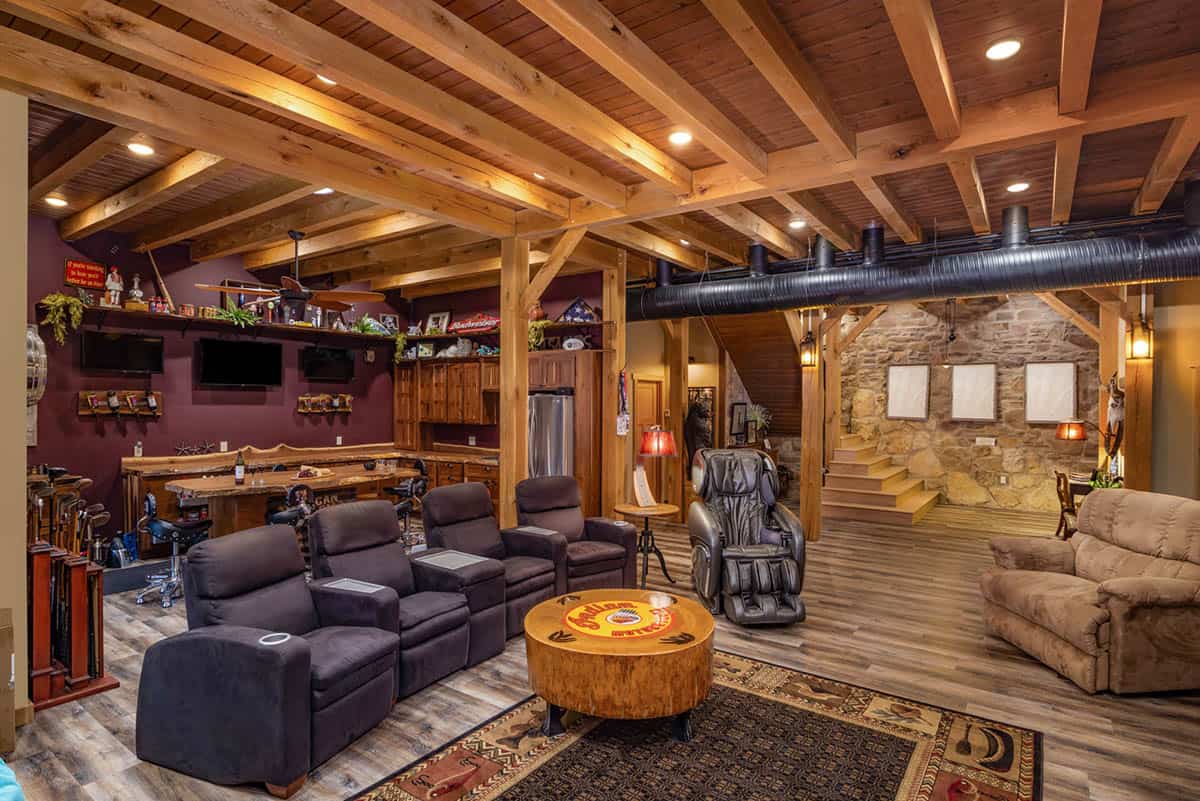 rustic family room with a home bar