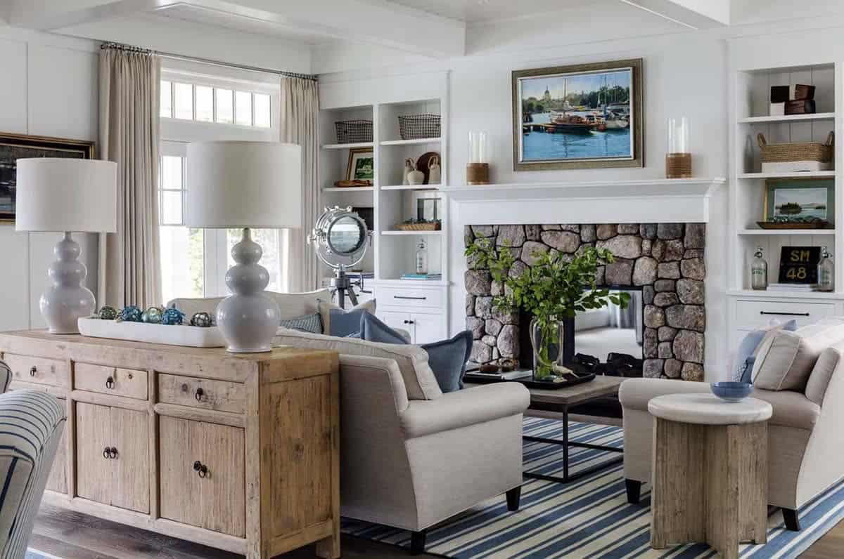 coastal style living room with a fireplace