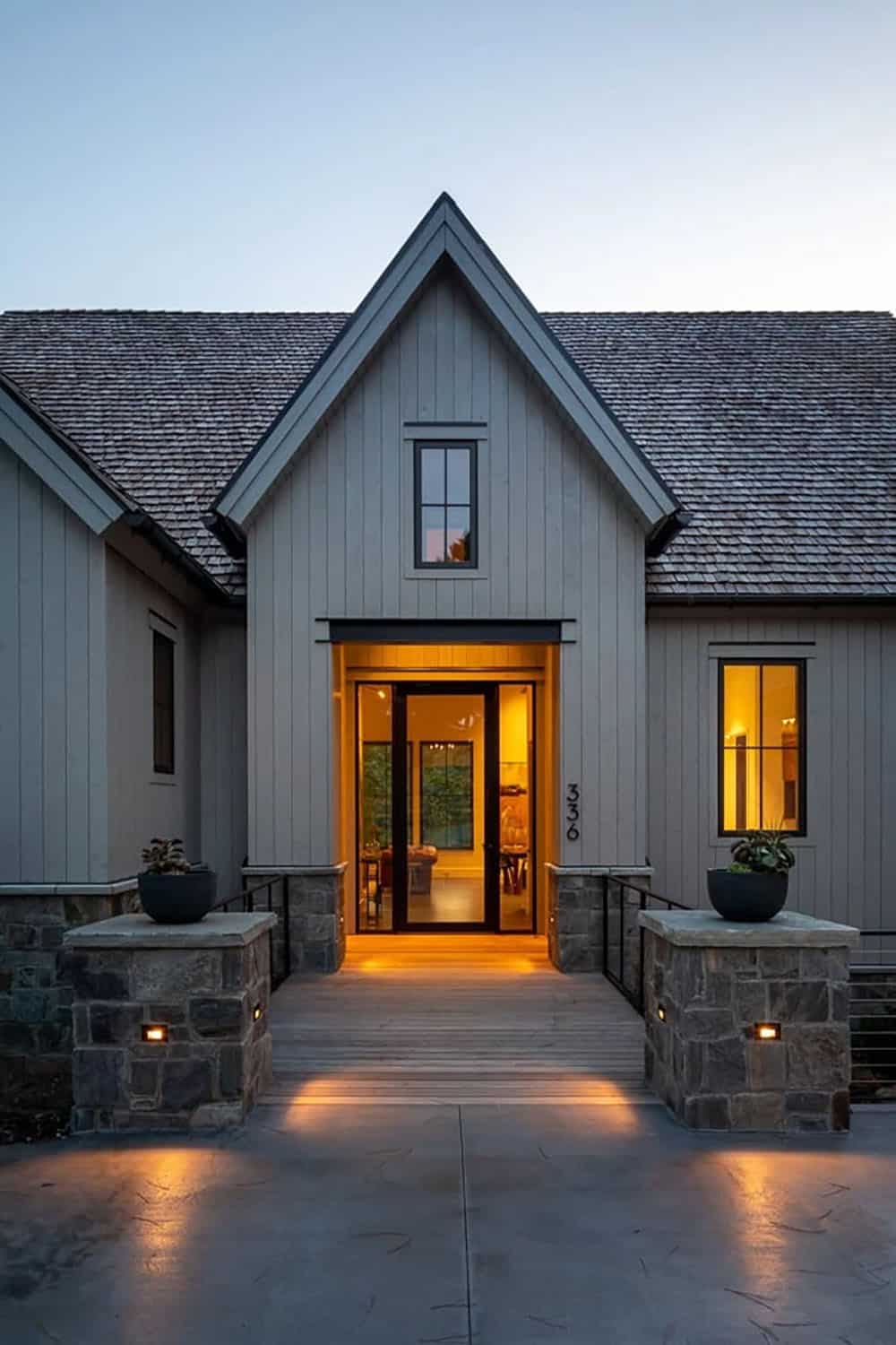 traditional lake house exterior entry at dusk
