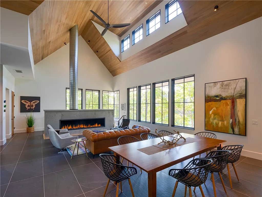 modern great room with a fireplace