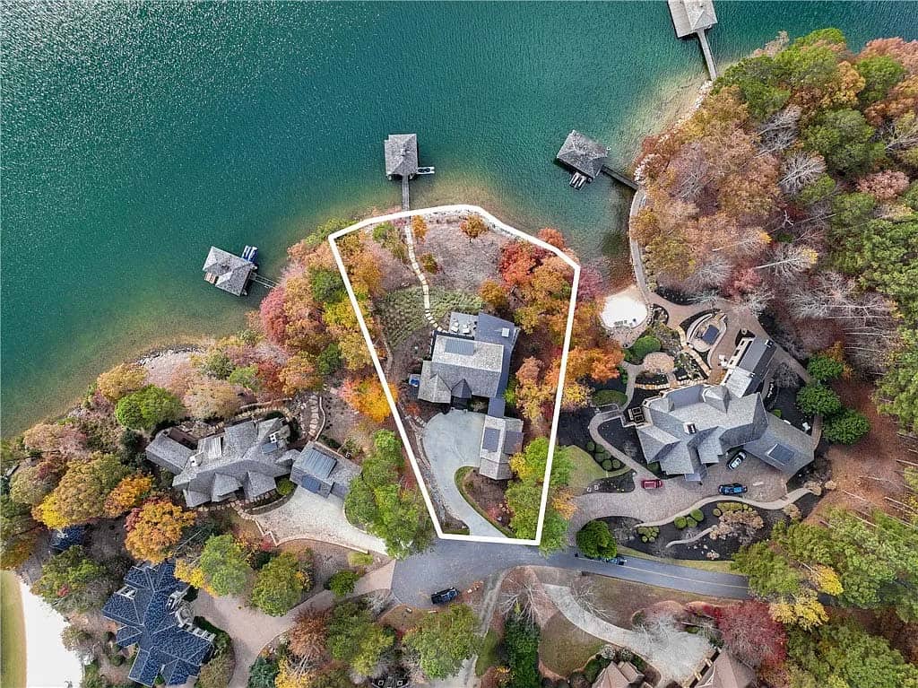modern lake house exterior aerial view