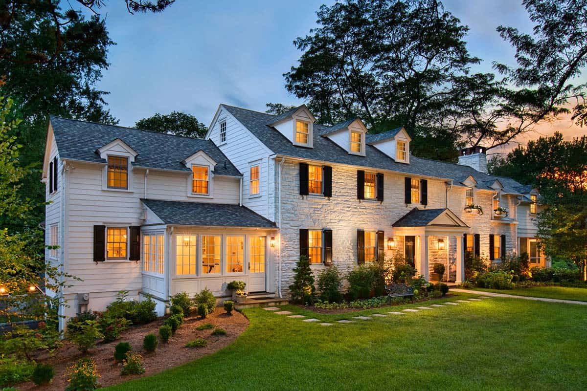 transitional style home exterior at dusk
