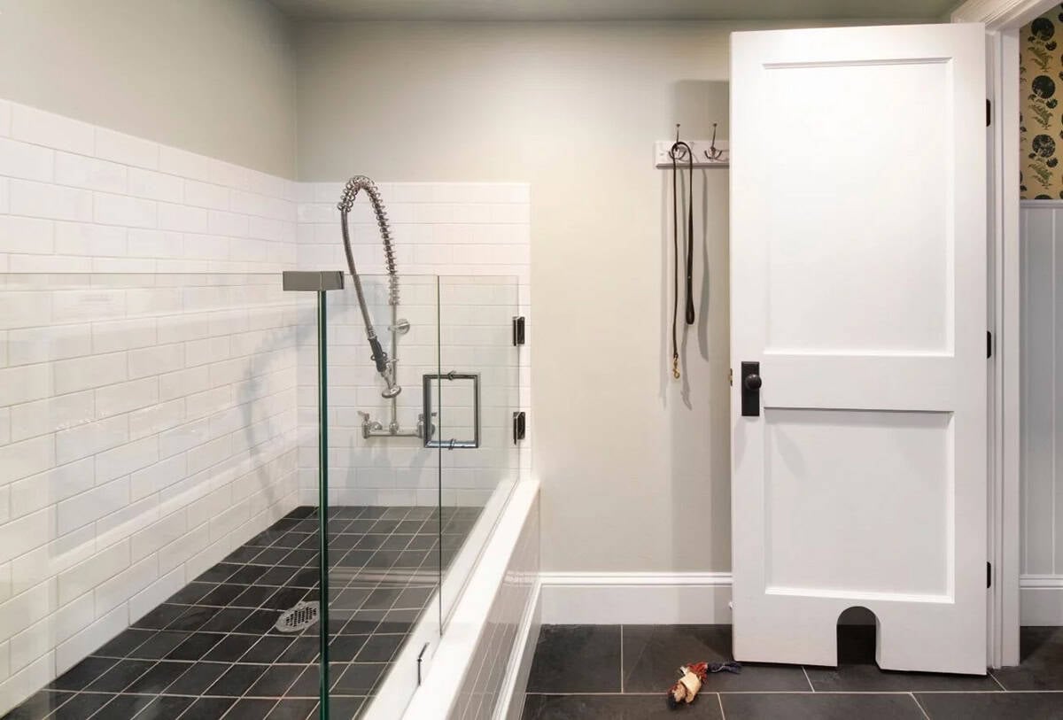 transitional style mudroom dog shower