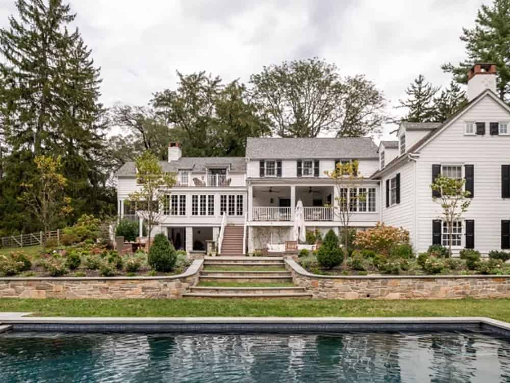 transitional style home exterior with a pool