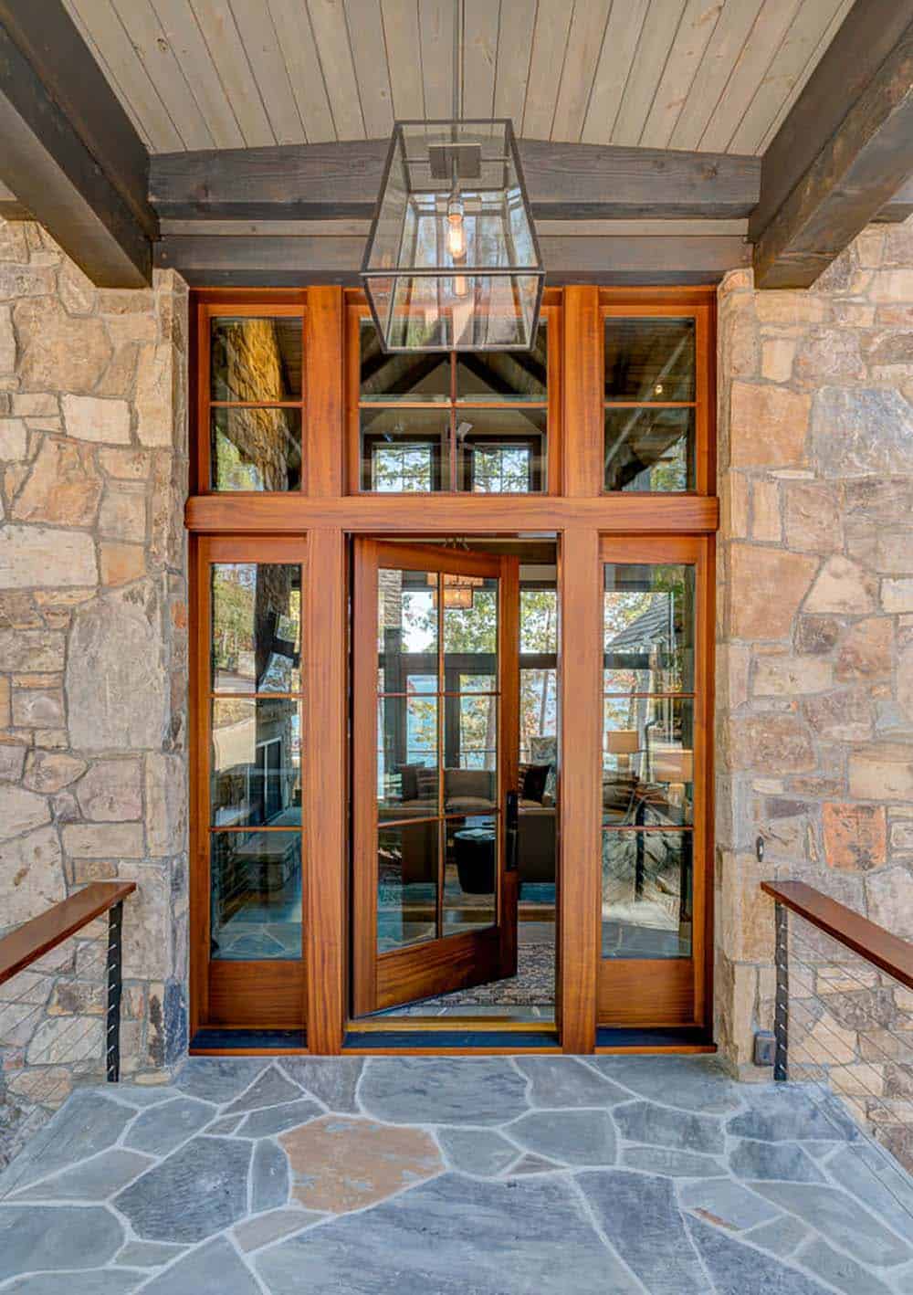 modern rustic lake house exterior entry