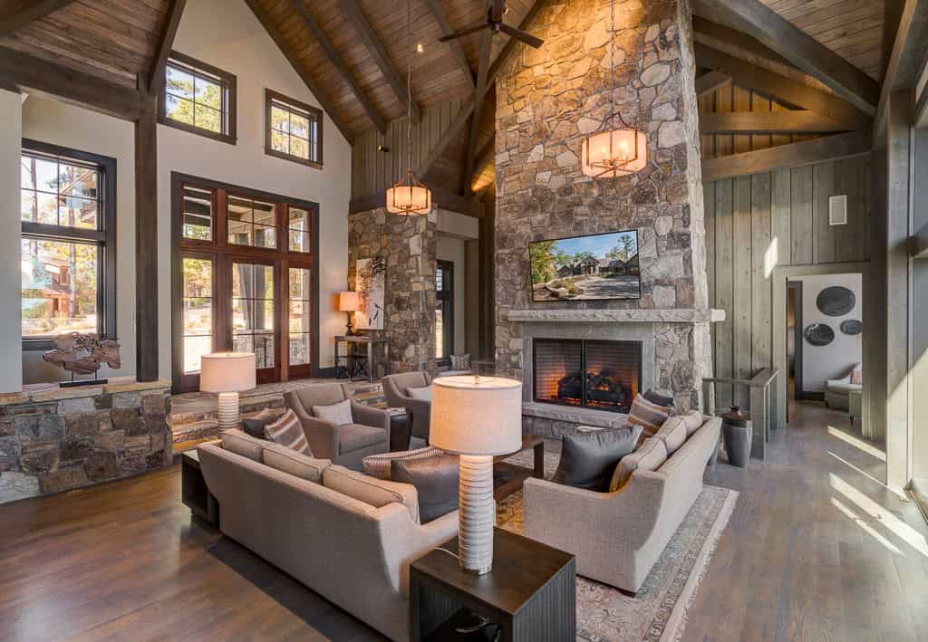 modern rustic living room with a fireplace
