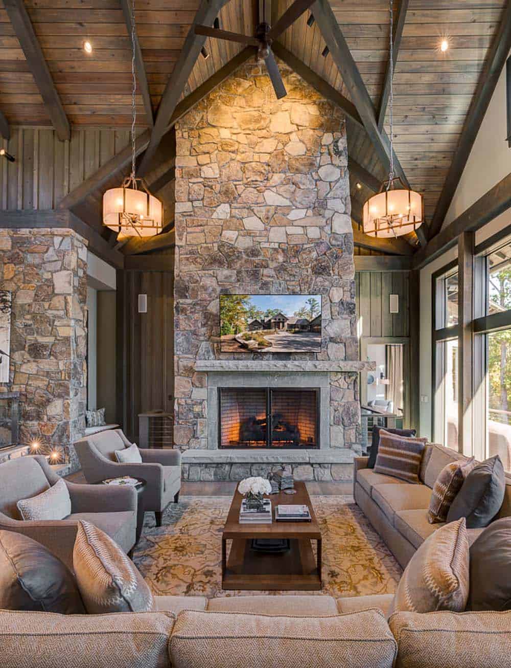 modern rustic living room with a fireplace