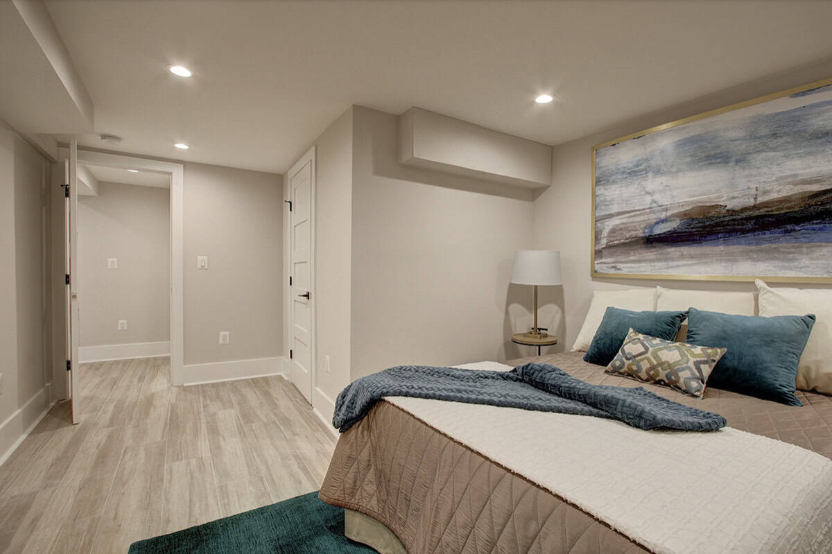 contemporary basement bedroom with a storage closet