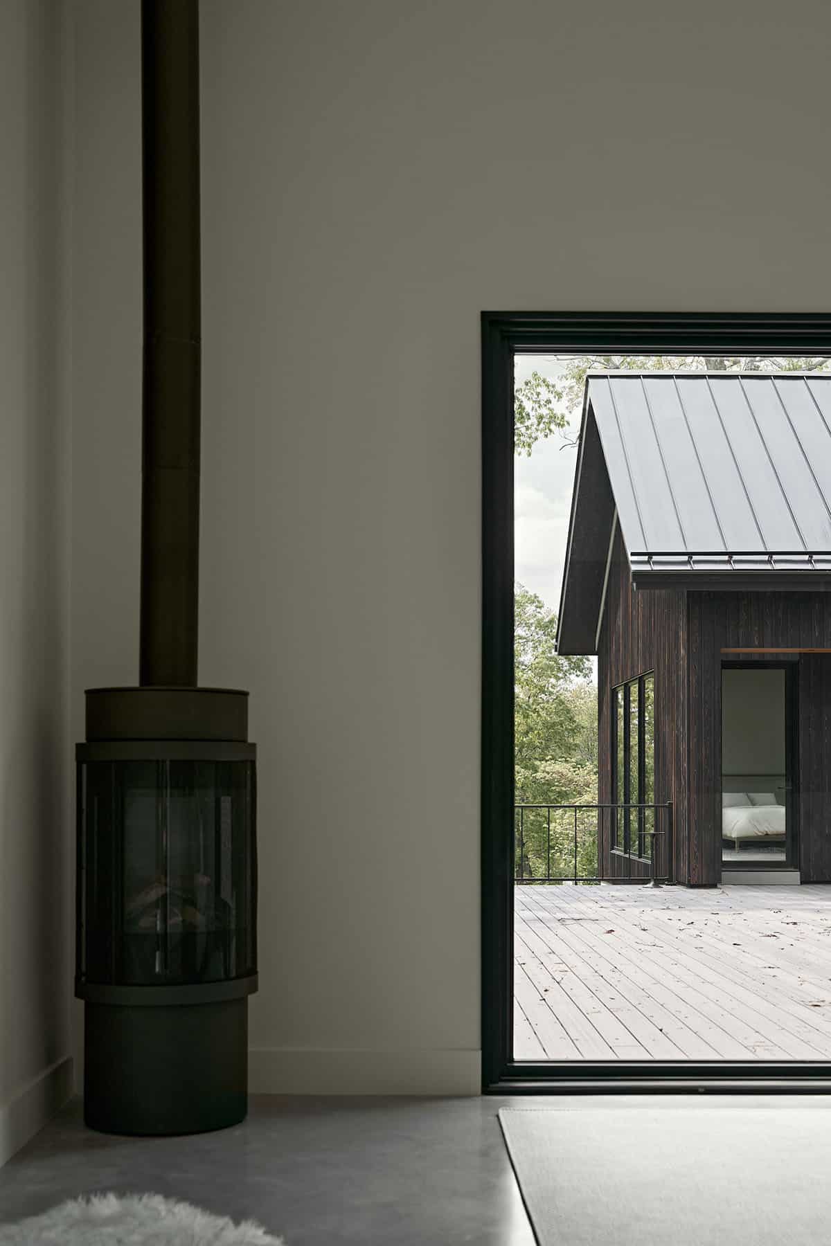 contemporary bedroom with a fire stove