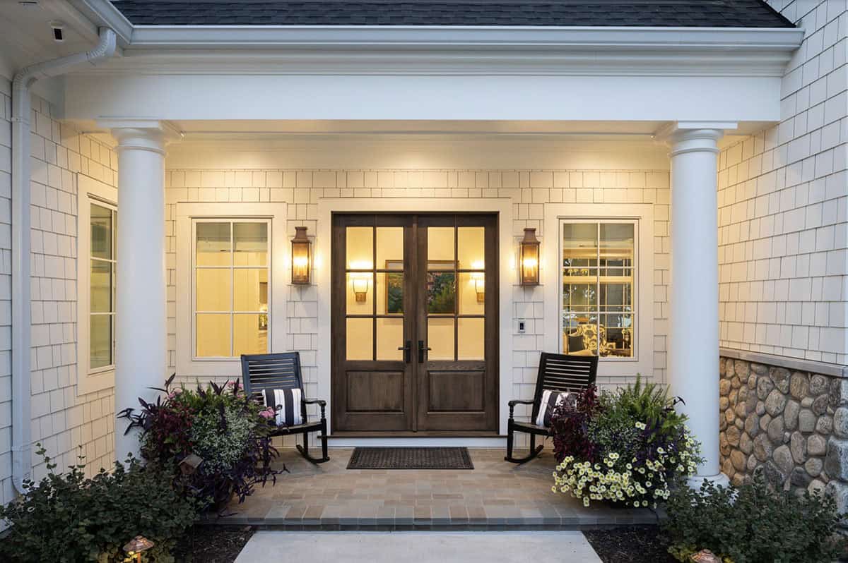 Beach Style Home Exterior Entry at dusk