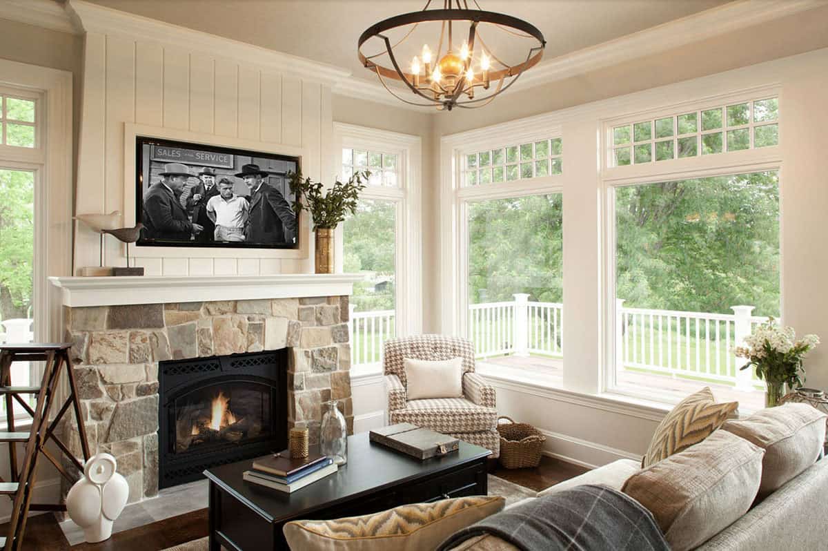 Traditional Sunroom with a fireplace