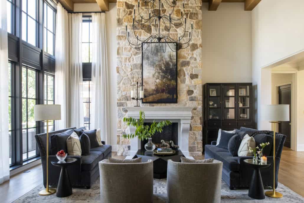 transitional style living room with a fireplace