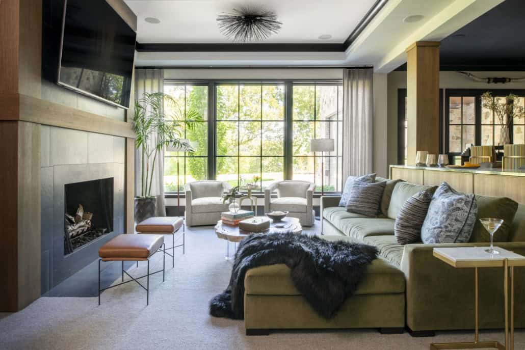 transitional style living room with a fireplace