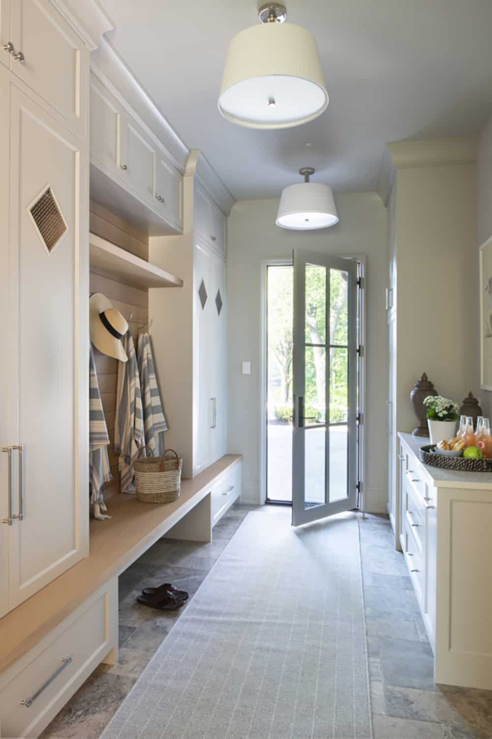 transitional style mudroom entry