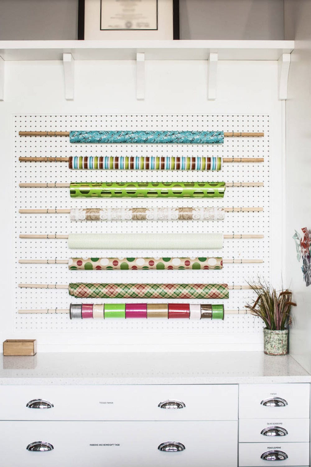 transitional craft room with a gift wrapping station 