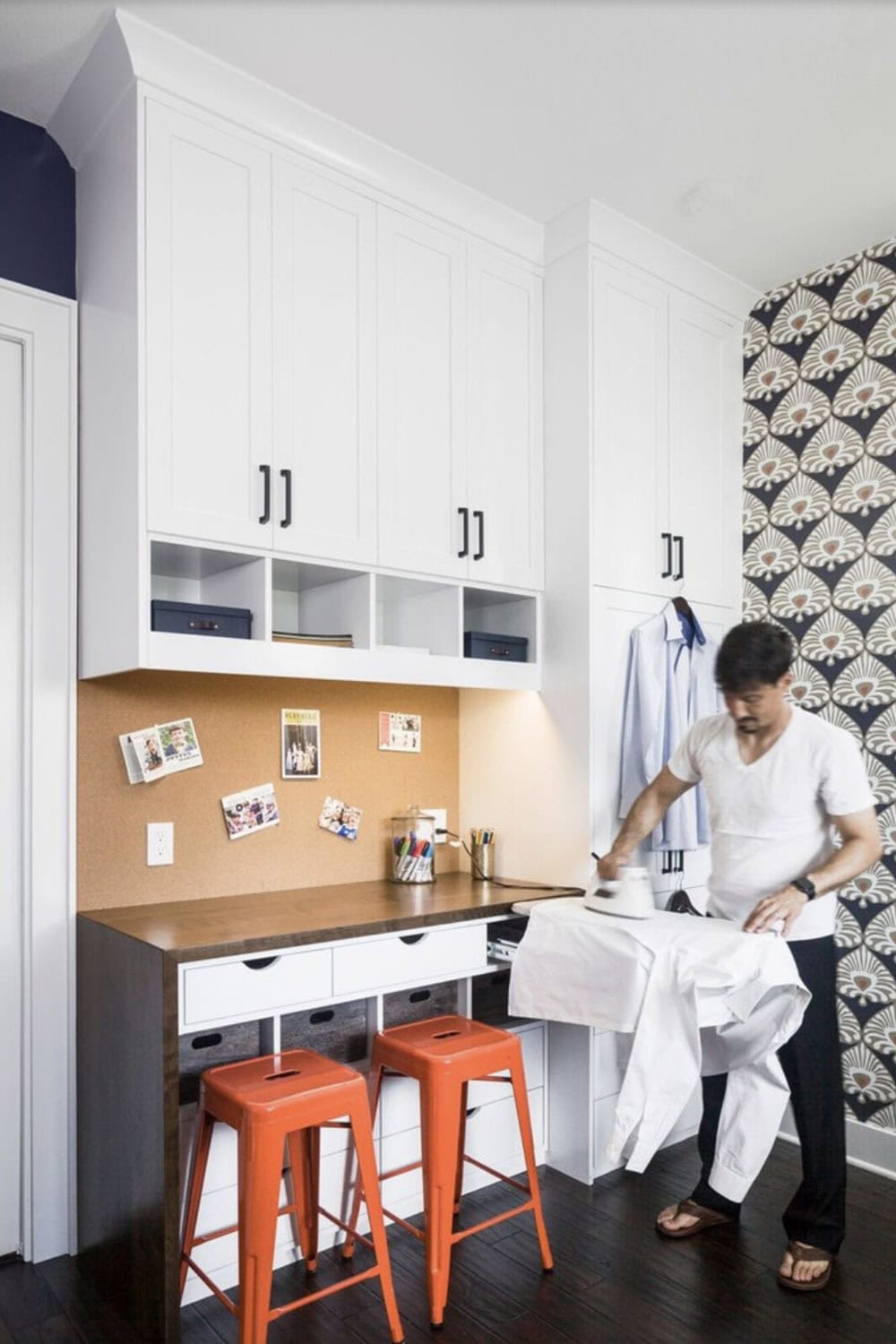 Transitional Home Office and craft room with an ironing board drawer