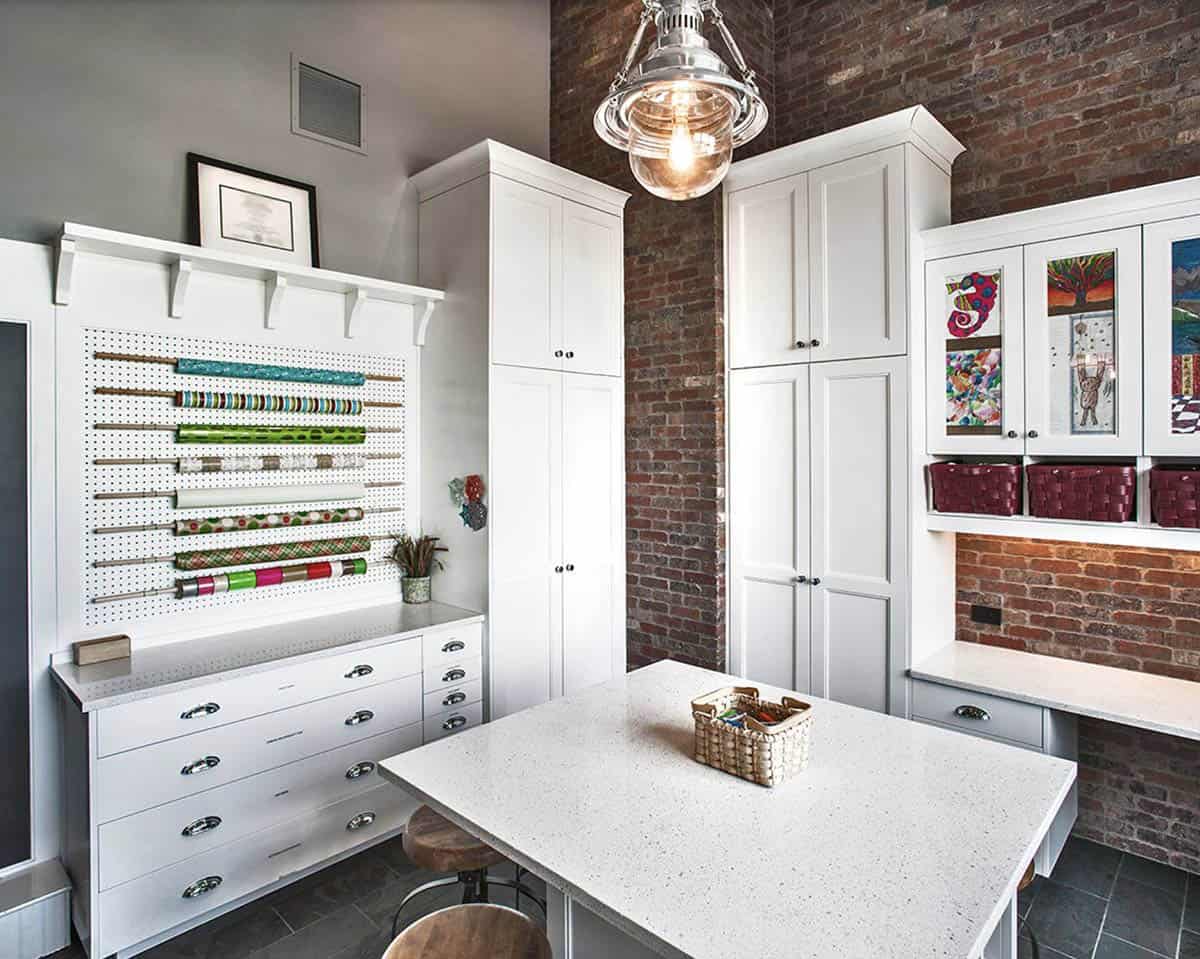 transitional craft room with a gift wrapping station 