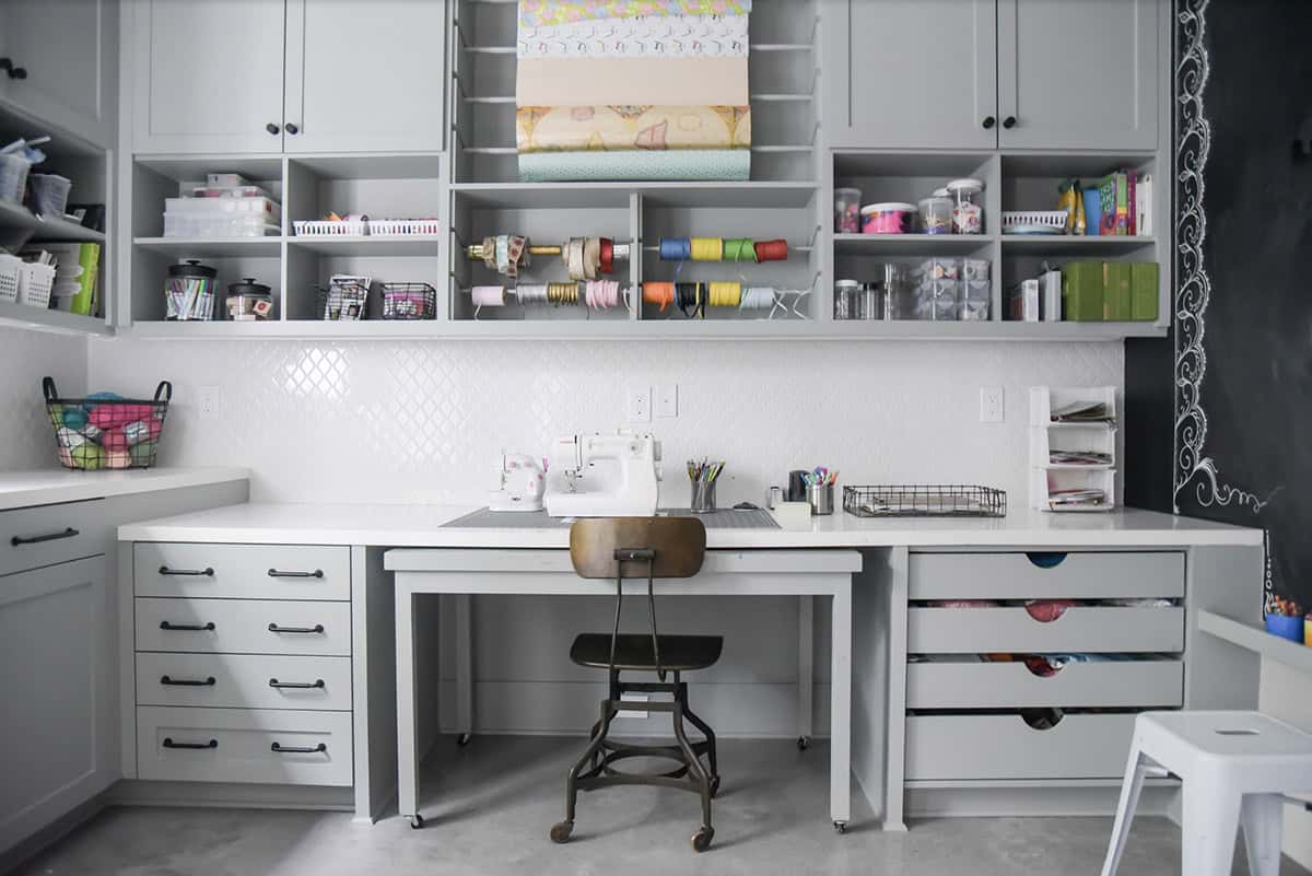 transitional style craft Room With Sewing Station