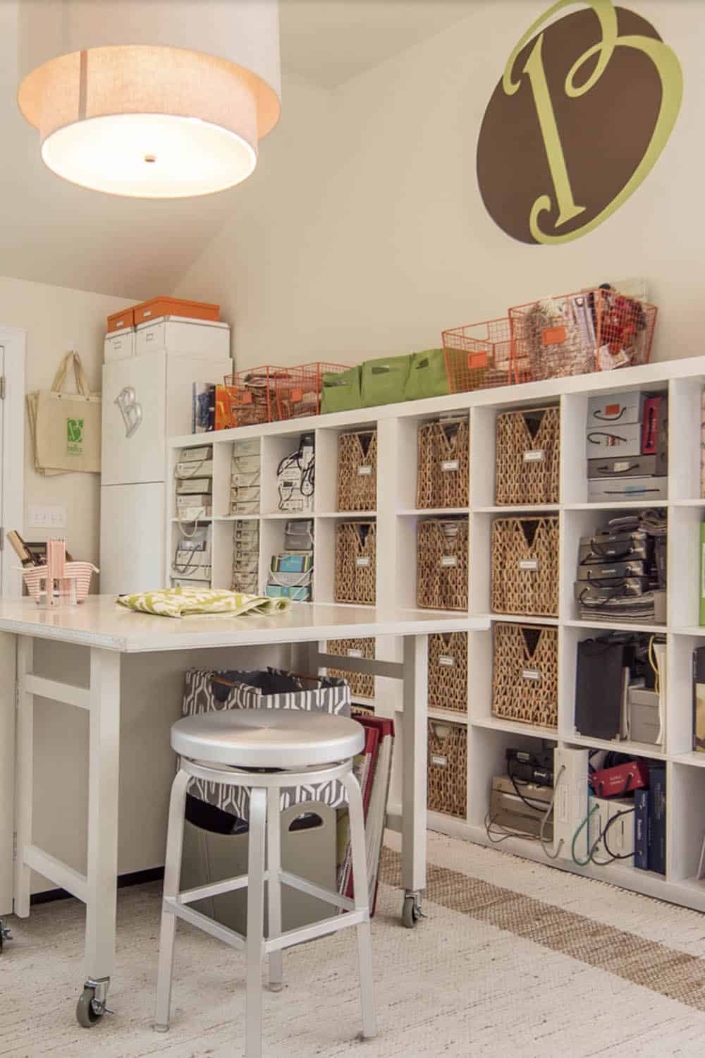 transitional style craft room with storage shelves