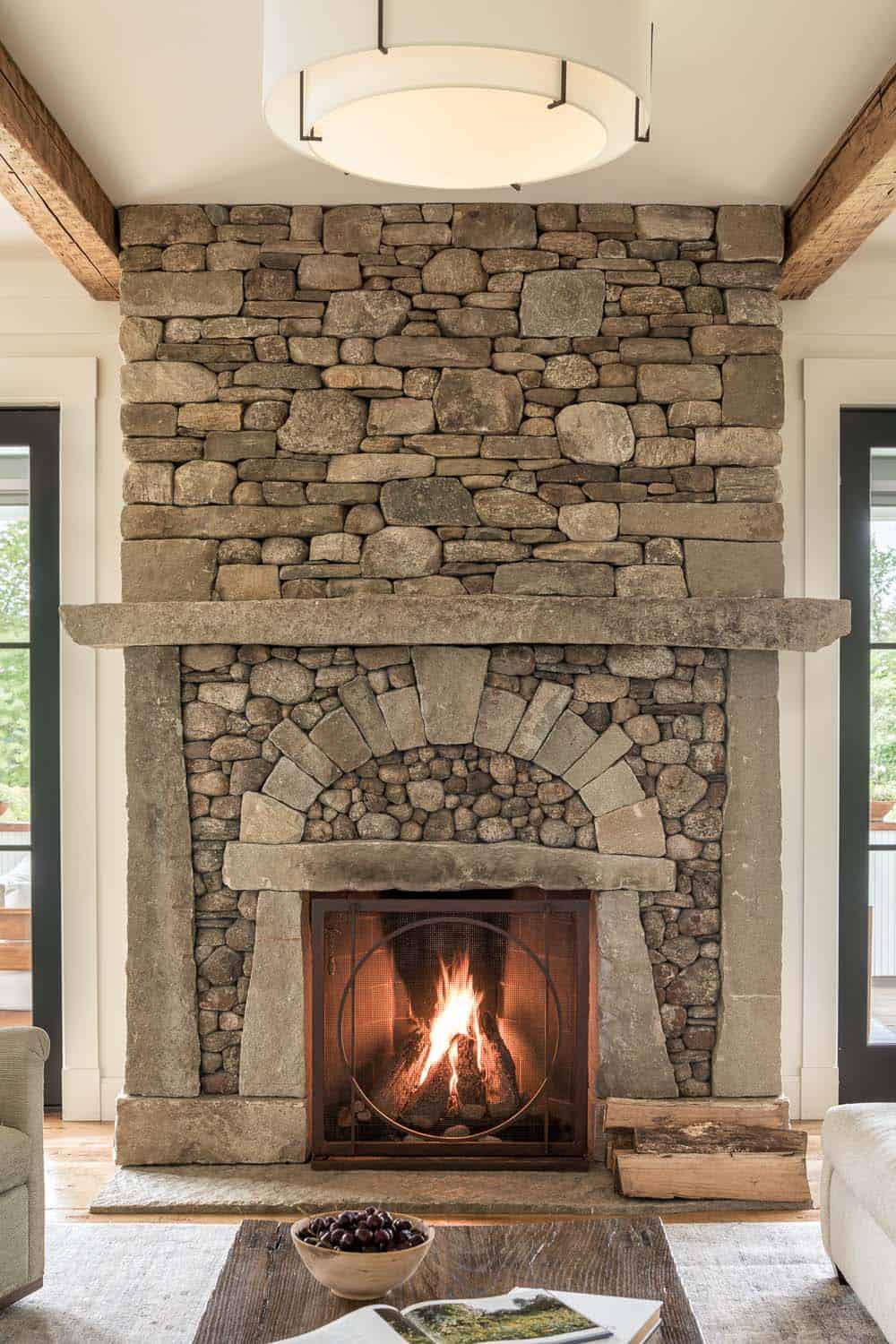 modern farmhouse living room with a fireplace