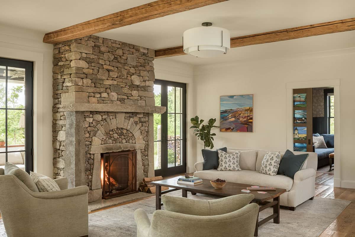 modern farmhouse living room with a fireplace