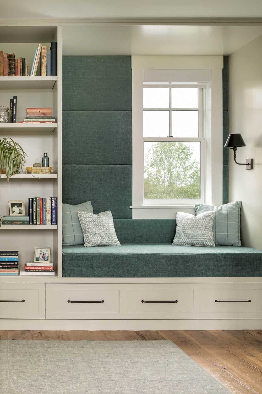 modern farmhouse with a built-in window seat and bookshelves