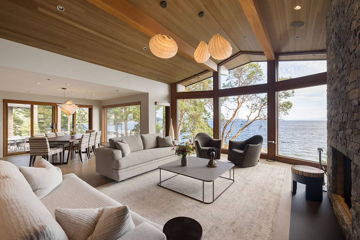 coastal modern living room with a large window
