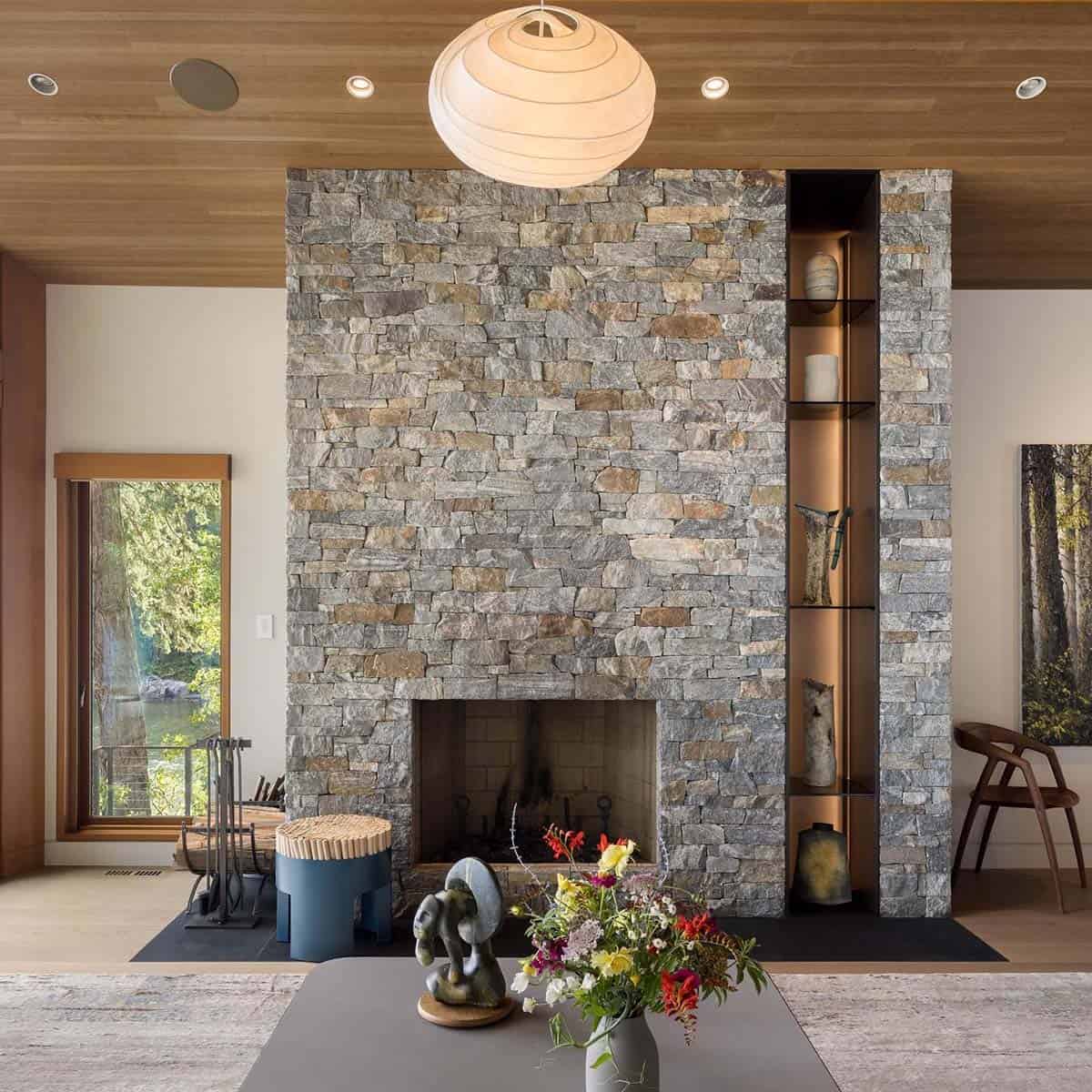 coastal modern living room with a fireplace