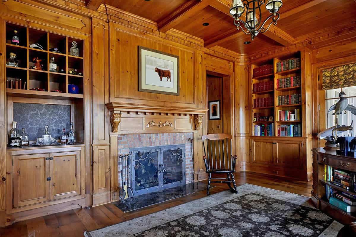 rustic home office with built-in bookcases