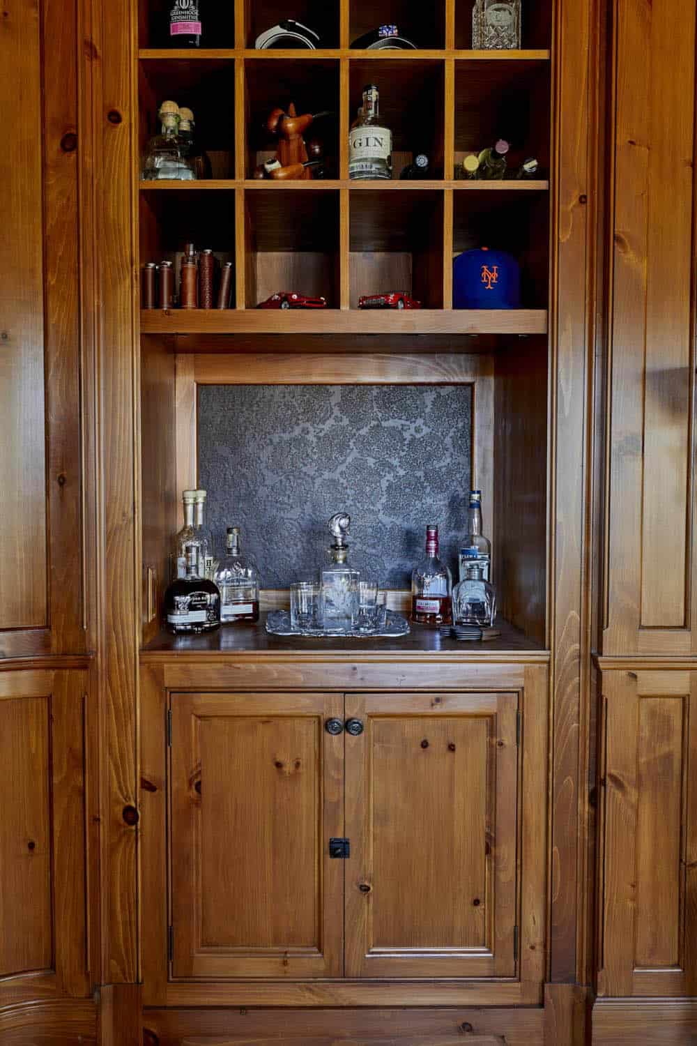 rustic home office with built-in bar