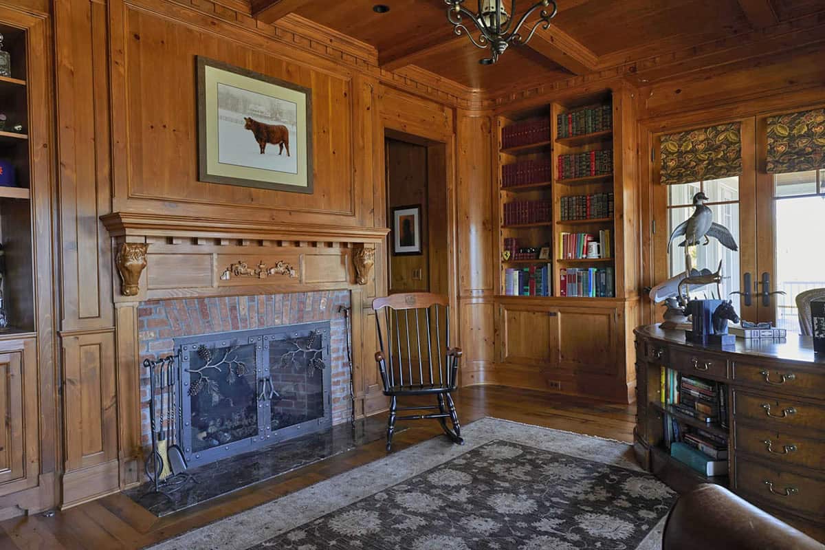 rustic home office with built-in bookcases