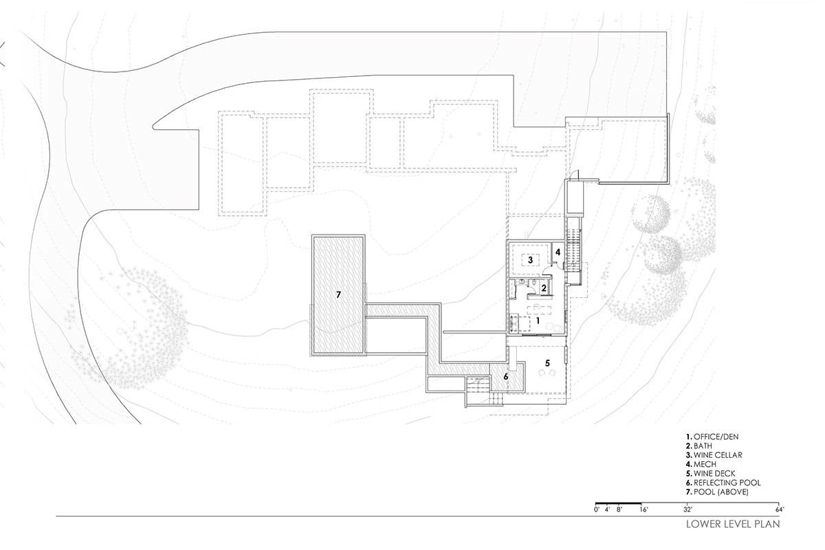 contemporary hillside home lower level floor plan