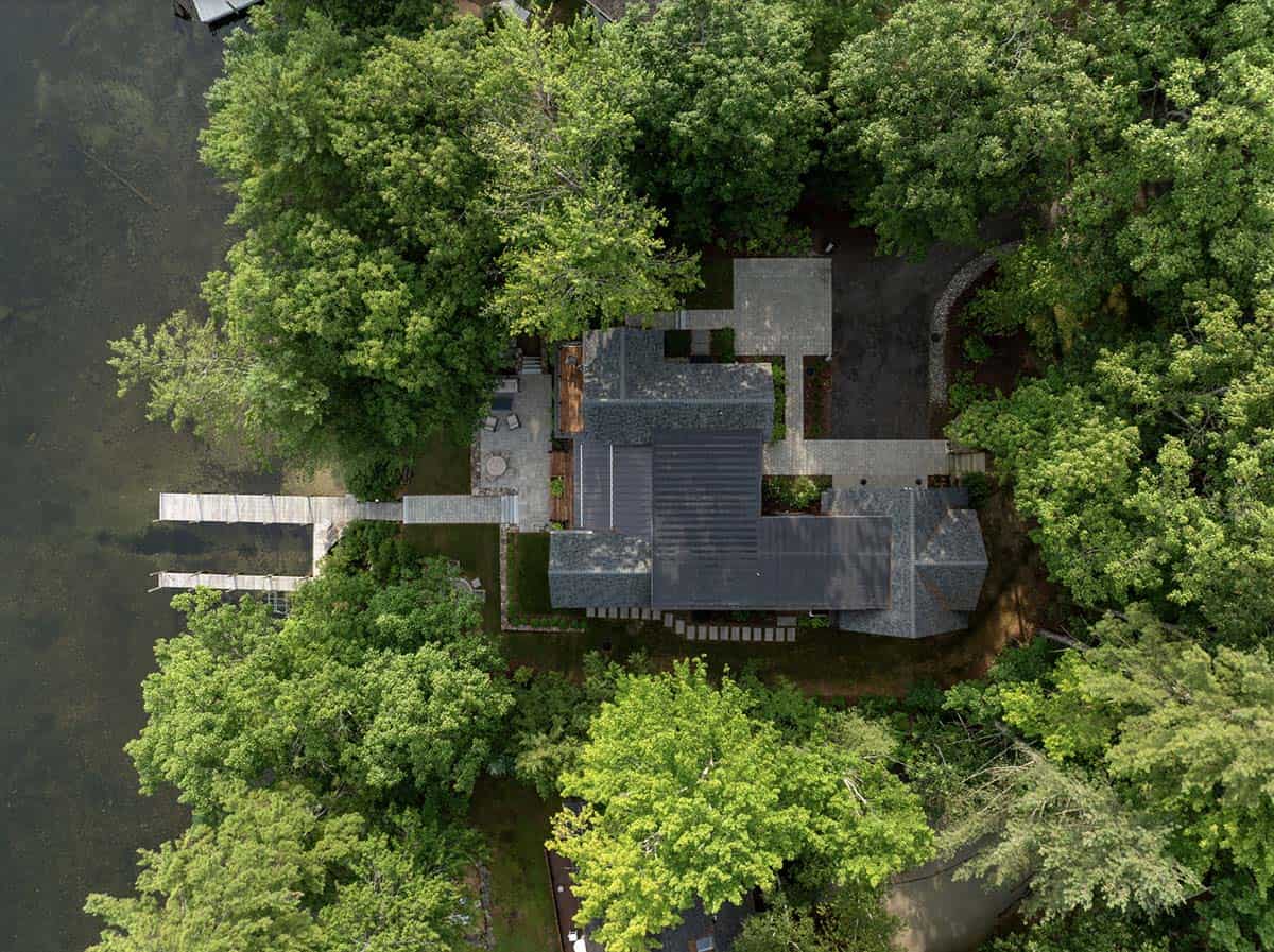 Contemporary Lake House Exterior aerial view